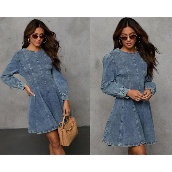 Women Denim Dress Long Sleeve Slim Fit Mini Ruffle High Waist Casual - Picture 2 of 6